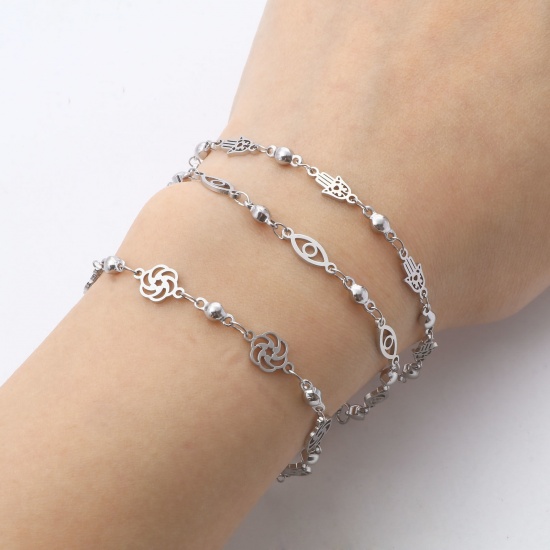 Picture of 304 Stainless Steel Bracelets Silver Tone Flower Evil Eye