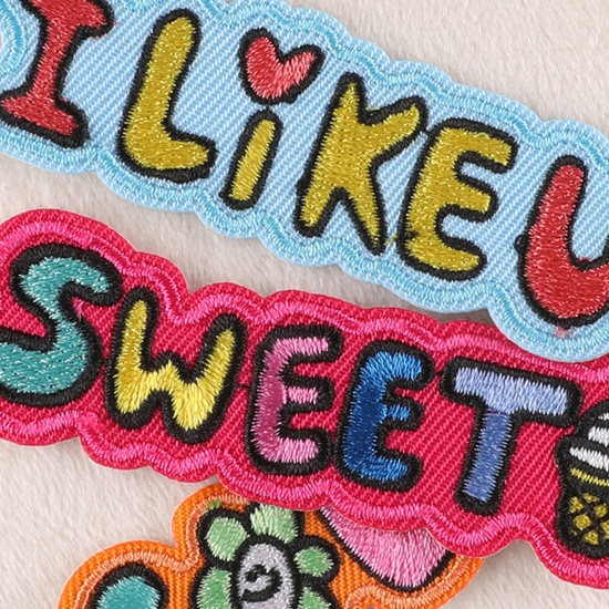 Picture of Polyester Embroidery Iron On Patches Appliques (With Glue Back) DIY Sewing Craft Clothing Decoration Multicolor Word Message 5 PCs