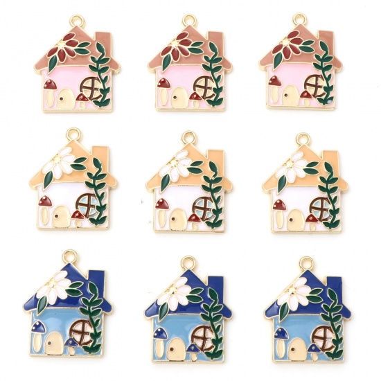 Picture of Zinc Based Alloy Charms Gold Plated Multicolor House Flower Enamel 29mm x 24mm