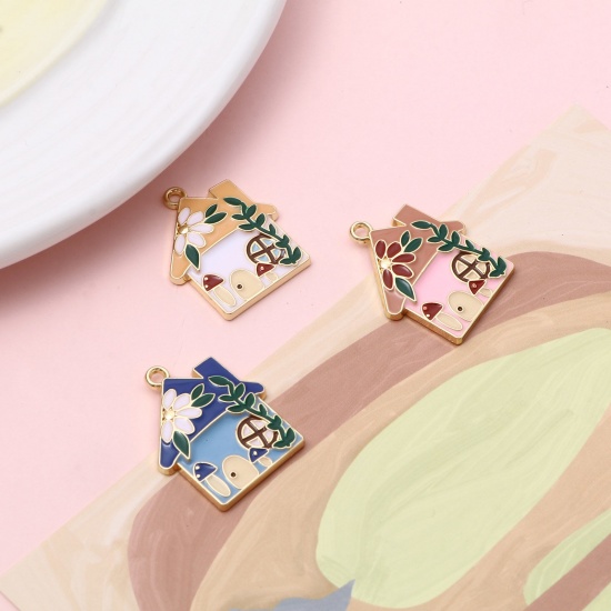 Picture of Zinc Based Alloy Charms Gold Plated Multicolor House Flower Enamel 29mm x 24mm