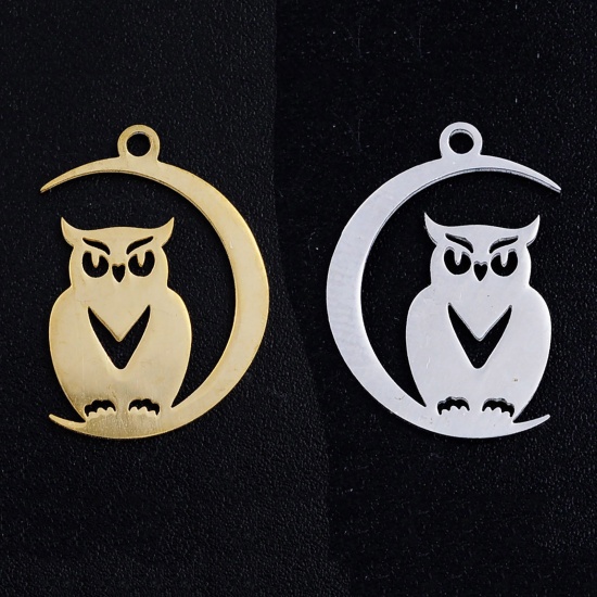 Image de Breloques en Acier Inoxydable Halloween Demi Lune Multicolore Hibou 20mm x 14mm , 5 Pcs