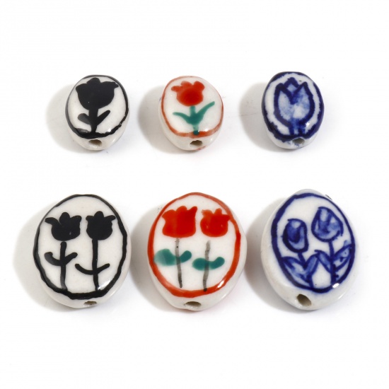 Picture of Ceramic Flora Collection Beads Oval Multicolor Tulip Flower