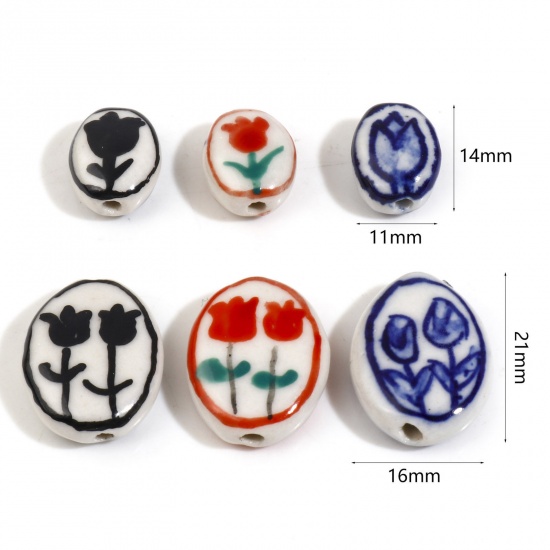 Picture of Ceramic Flora Collection Beads Oval Multicolor Tulip Flower