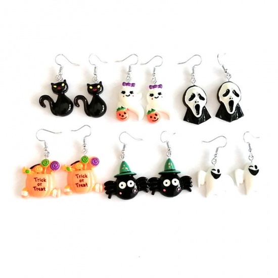 Picture of Resin Halloween Ear Wire Hook Earrings Silver Tone Multicolor 5cm x 2.5cm