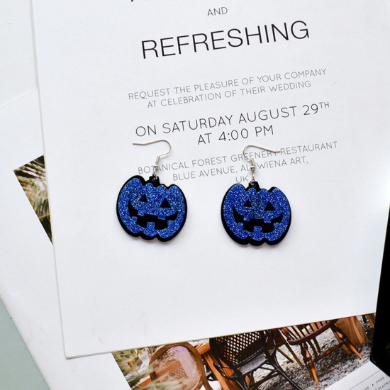 Picture of Acrylic Halloween Ear Wire Hook Earrings Silver Tone Multicolor Pumpkin 5.5cm x 4.8cm
