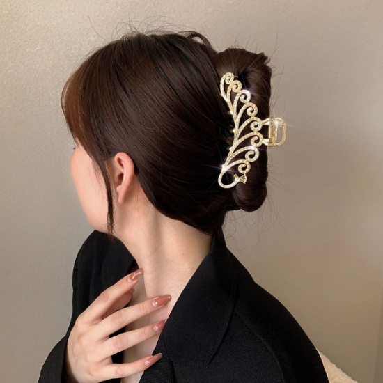 Picture of Elegant Hair Claw Clips Clamps Gold Plated Clear Rhinestone Imitation Pearl