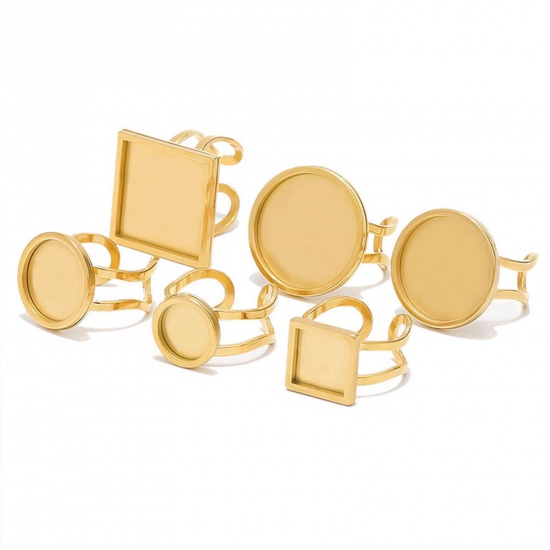 Picture of 304 Stainless Steel Open Adjustable Rings Gold Plated Geometric Cabochon Settings 17.3mm(US Size 7)
