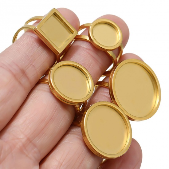Picture of 304 Stainless Steel Open Adjustable Rings Gold Plated Geometric Cabochon Settings 17.3mm(US Size 7)