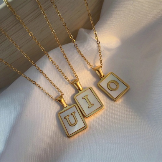 Picture of 304 Stainless Steel & Shell Ins Style Link Cable Chain Necklace 18K Gold Plated Multicolor Rectangle Initial Alphabet/ Capital Letter 45cm(17 6/8") long