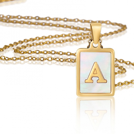 Picture of 304 Stainless Steel & Shell Ins Style Link Cable Chain Necklace 18K Gold Plated Multicolor Rectangle Initial Alphabet/ Capital Letter 45cm(17 6/8") long