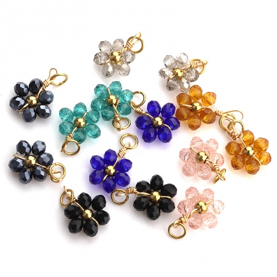 Picture of 304 Stainless Steel & Glass Handmade Charms Gold Plated Multicolor Flower 10mm Dia.