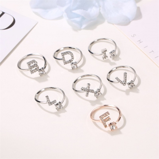 Picture of Simple Open Adjustable Rings Multicolor Capital Alphabet/ Letter Message " A-Z " Clear Rhinestone 18mm(US Size 7.75), 1 Piece