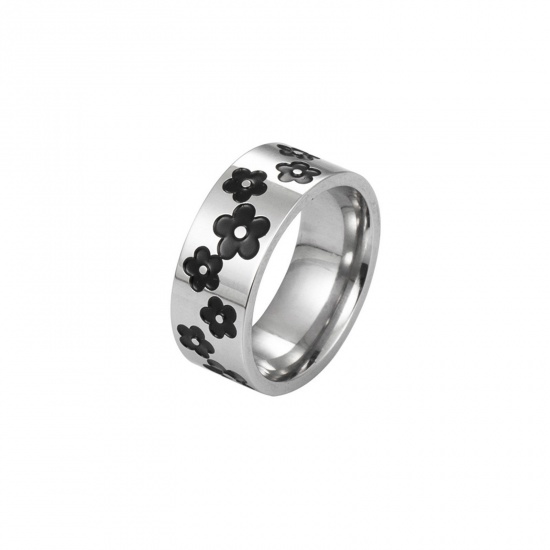 Imagen de Hip-Hop No Ajustable Anillos Tono de Plata Negro Esmalte 18mm (US Size 7.75), 1 Unidad