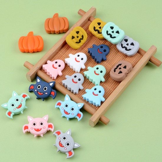 Picture of Silicone Halloween Spacer Beads Pumpkin Multicolor Halloween Ghost Pattern 2 PCs