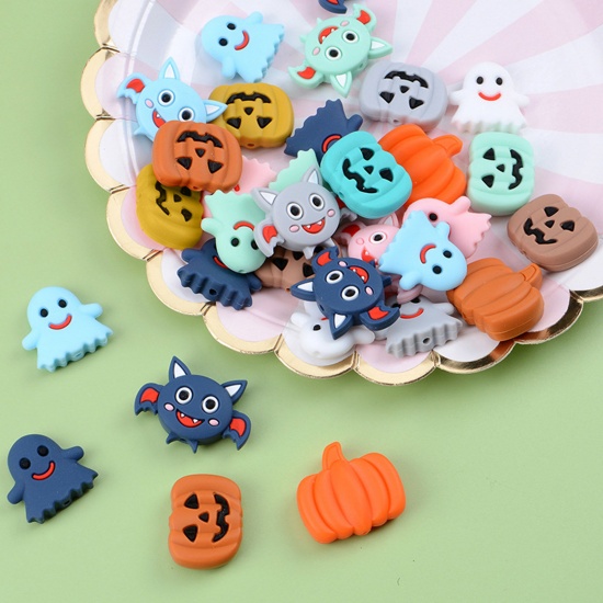Picture of Silicone Halloween Spacer Beads Pumpkin Multicolor Halloween Ghost Pattern 2 PCs