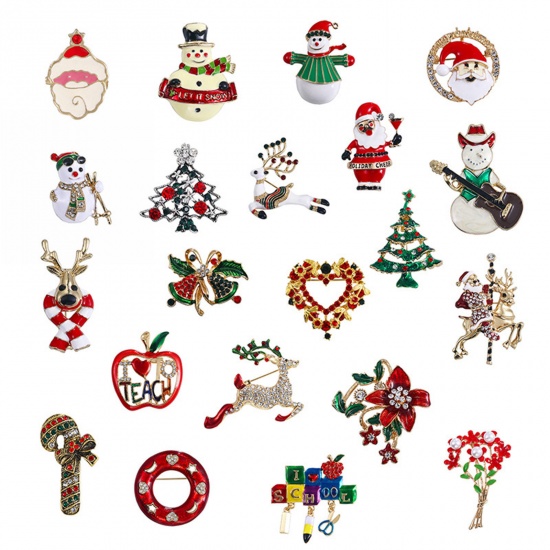 Picture of Exquisite Pin Brooches Christmas Santa Claus Christmas Snowman Enamel Multicolor Rhinestone