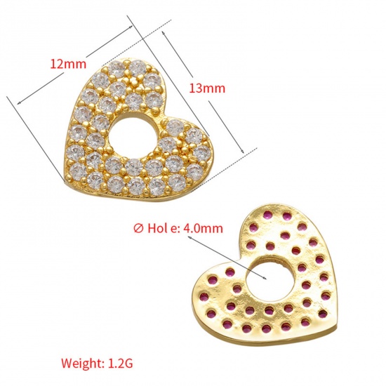 Immagine di 1 Pz Ottone San Valentino Ciondoli Cuore Placcato Oro 18K Micro Spianare Multicolore Cubic Zirconiae 13mm x 12mm