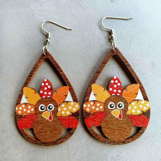 Picture of Wood Retro Ear Wire Hook Earrings Silver Tone Multicolor Thanksgiving Turkey Animal