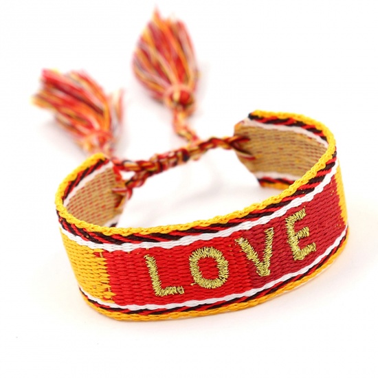 Picture of Polyester Ethnic Waved String Braided Friendship Embroidery Bracelets Multicolor Tassel Heart Adjustable 16cm - 20cm long