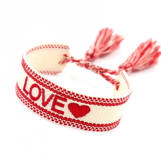 Picture of Polyester Ethnic Waved String Braided Friendship Embroidery Bracelets Multicolor Tassel Heart Adjustable 16cm - 20cm long