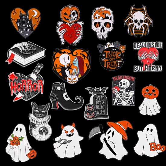 Picture of Halloween Pin Brooches Skeleton Skull Heart Multicolor Enamel