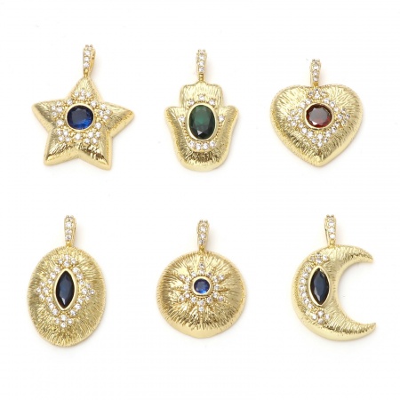 Brass Micro Pave Charms Gold Plated Clear & Blue Cubic Zirconia