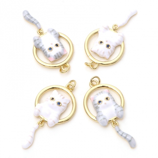 Image de Pendentifs en Laiton Doré Chat Émail à Strass Noir 3.3cm x 1.6cm, 1 Pièce