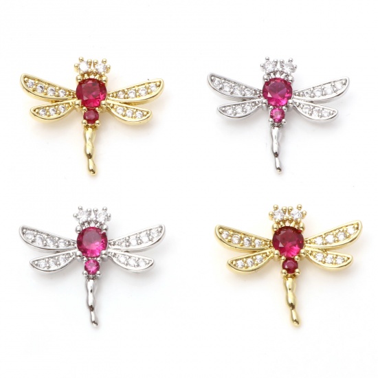 Imagen de Latón Micro Pave Colgantes Charms Multicolor Libélula Claro & Rojo Circón Artificial 24mm x 20mm, 1 Unidad