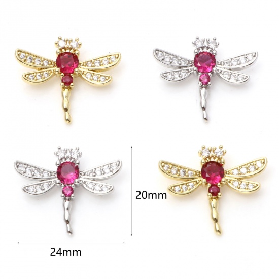Imagen de Latón Micro Pave Colgantes Charms Multicolor Libélula Claro & Rojo Circón Artificial 24mm x 20mm, 1 Unidad