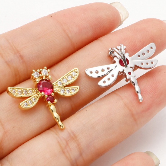 Imagen de Latón Micro Pave Colgantes Charms Multicolor Libélula Claro & Rojo Circón Artificial 24mm x 20mm, 1 Unidad