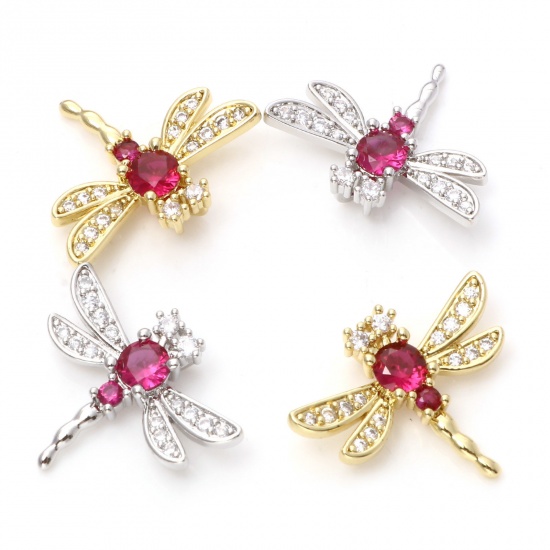Imagen de Latón Micro Pave Colgantes Charms Multicolor Libélula Claro & Rojo Circón Artificial 24mm x 20mm, 1 Unidad