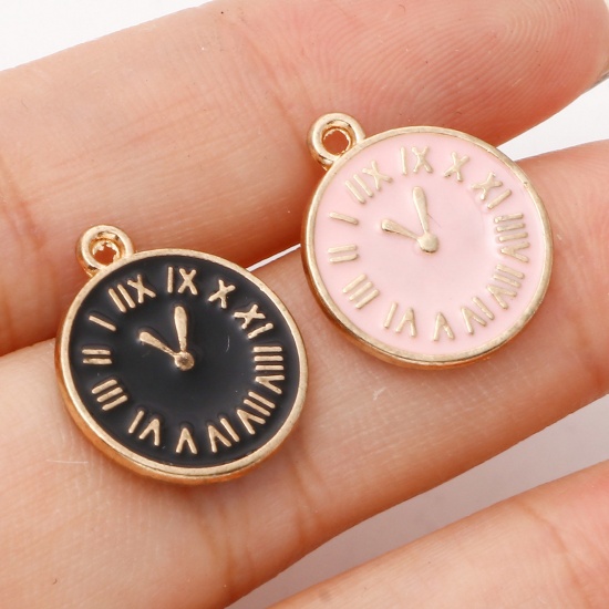 Picture of Zinc Based Alloy Charms Gold Plated Multicolor Round Clock Double Sided Enamel 17mm x 14mm
