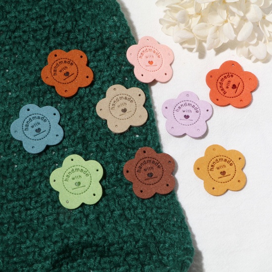 Picture of PU Leather Label Tags Flower Multicolor " Handmade " 3.5cm x 3.5cm