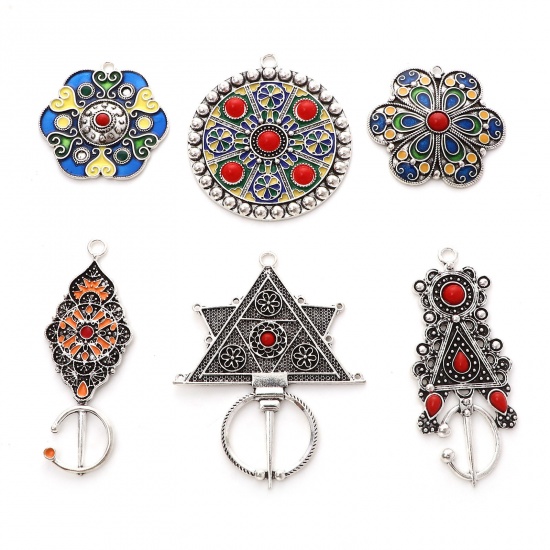 Picture of Zinc Based Alloy Ethnic Pendants Antique Silver Color Multicolor Enamel