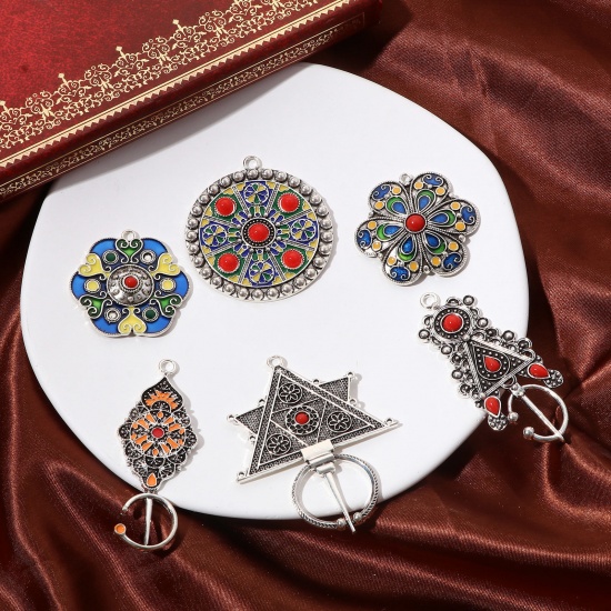 Picture of Zinc Based Alloy Ethnic Pendants Antique Silver Color Multicolor Enamel