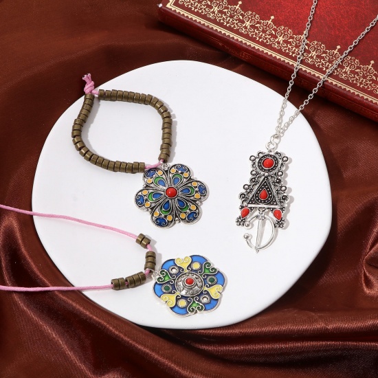 Picture of Zinc Based Alloy Ethnic Pendants Antique Silver Color Multicolor Enamel