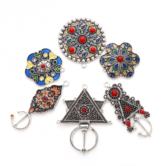 Picture of Zinc Based Alloy Ethnic Pendants Antique Silver Color Multicolor Enamel