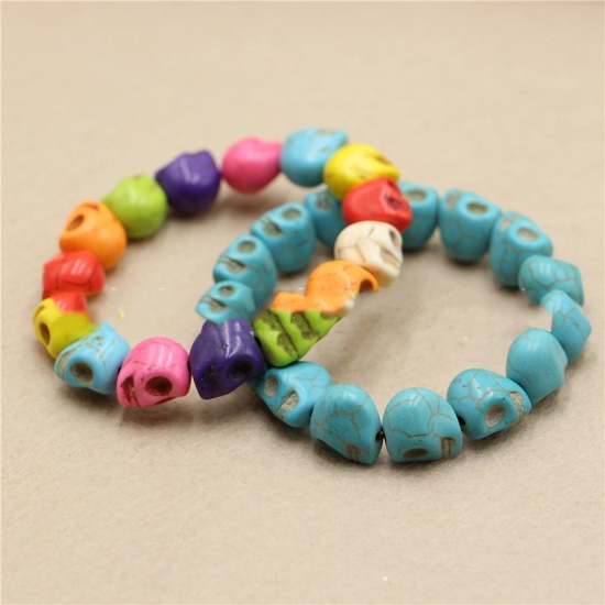 Picture of Synthetic Turquoise Halloween Elastic Dainty Bracelets Delicate Bracelets Beaded Bracelet Multicolor Skull 18cm(7 1/8") long