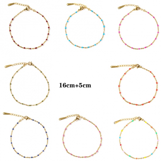 Picture of 304 Stainless Steel Stylish Link Cable Chain Bracelets Gold Plated Multicolor Enamel 16cm(6 2/8") long