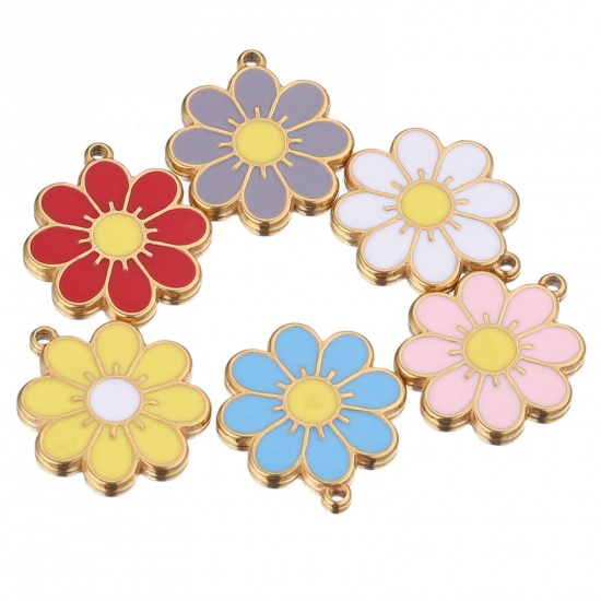 Picture of 304 Stainless Steel Charms Gold Plated Multicolor Flower Enamel 21.5mm x 19mm