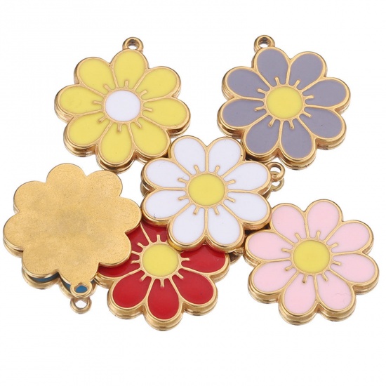 Picture of 304 Stainless Steel Charms Gold Plated Multicolor Flower Enamel 21.5mm x 19mm