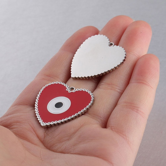 Picture of 304 Stainless Steel Religious Charms Silver Tone Multicolor Heart Evil Eye Enamel