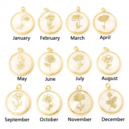 Picture of Shell & Brass Birth Month Flower Charms Round Real Gold Plated White 28mm x 22mm