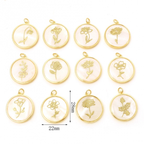Picture of Shell & Brass Birth Month Flower Charms Round Real Gold Plated White 28mm x 22mm