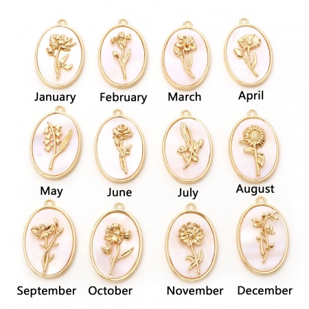 1 Stück Natürliche Muschel & Messing Geburtsmonat Blume Charms Echtgold plattiert Weiß Oval 27mm x 18mm