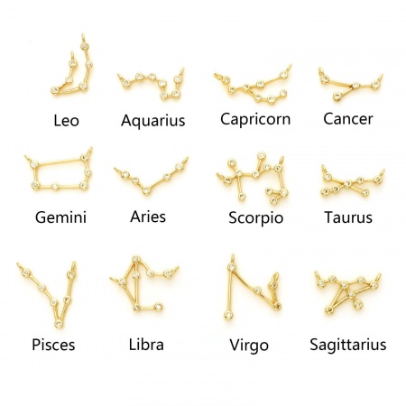 Brass Connectors Real Gold Plated Zodiac Constellation Micro Pave Clear Cubic Zirconia