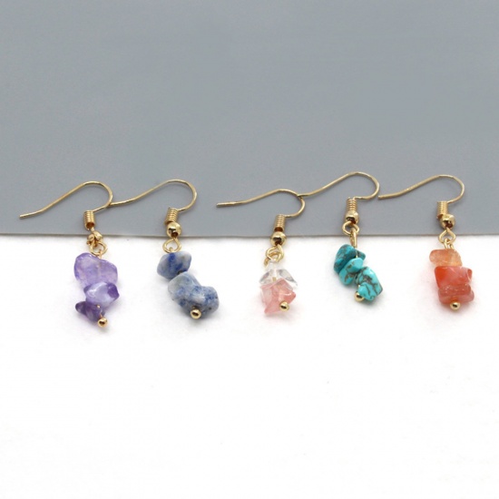 Picture of Stone Boho Chic Bohemia Ear Wire Hook Earrings Gold Plated Multicolor Chip Beads Imitation Gemstones 2cm x 0.5cm