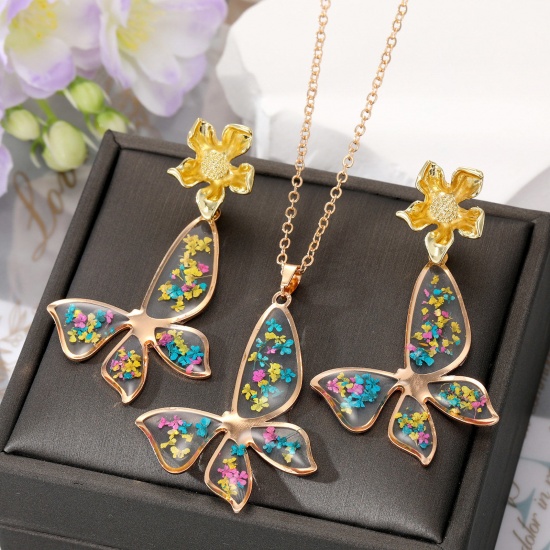 Picture of Resin Handmade Resin Jewelry Real Flower Jewelry Necklace Stud Earring Set Gold Plated Multicolor Butterfly Animal Flower 50cm(19 5/8") long, 5.8cm x 3.2cm