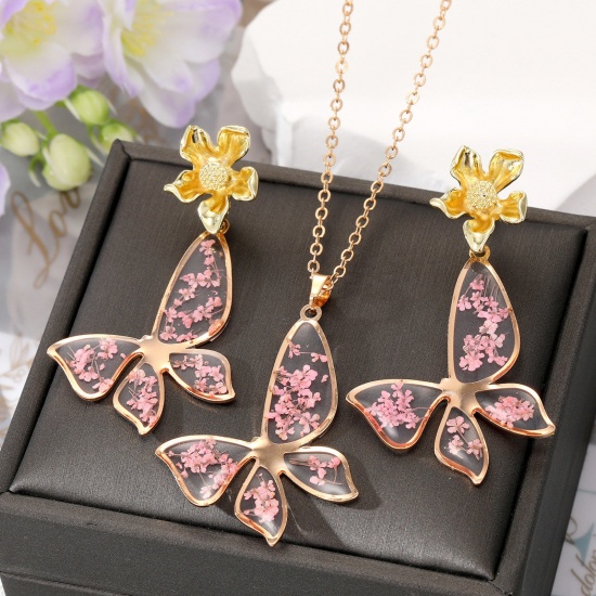 Picture of Resin Handmade Resin Jewelry Real Flower Jewelry Necklace Stud Earring Set Gold Plated Multicolor Butterfly Animal Flower 50cm(19 5/8") long, 5.8cm x 3.2cm