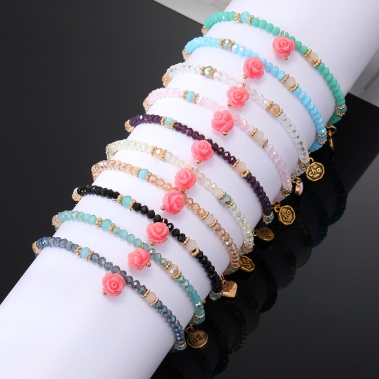 Immagine di Lampwork Vetro Stile Bohemien Bracciali Delicato bracciali delicate braccialetto in rilievo Multicolore Rosa Cuore Elastico 16cm Lunghezza, 1 Pz